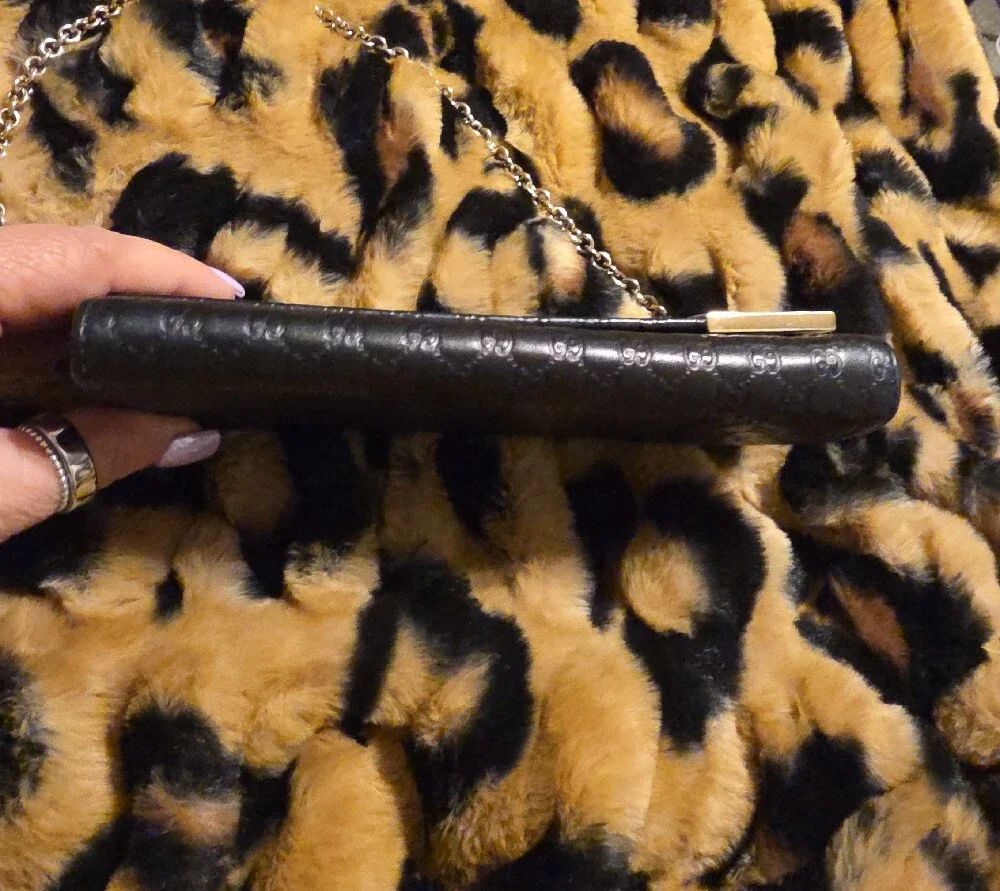 Gucci Black Embossed Leather Chain Wallet with Gold Plaque